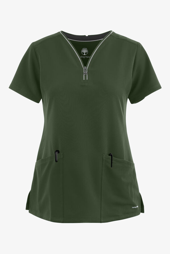Healing Hands 360 Sonia Women's 3-Pocket STRETCH Reflective Y-Neck Zip Scrub Top - Dark Pine - 1