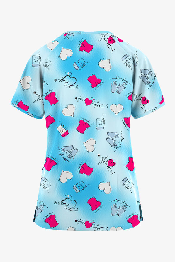 Butter-Soft Originals Healing Hearts Dew Women's 3-Pocket Raglan Sleeve Mock Wrap Print Scrub Top - null - 2