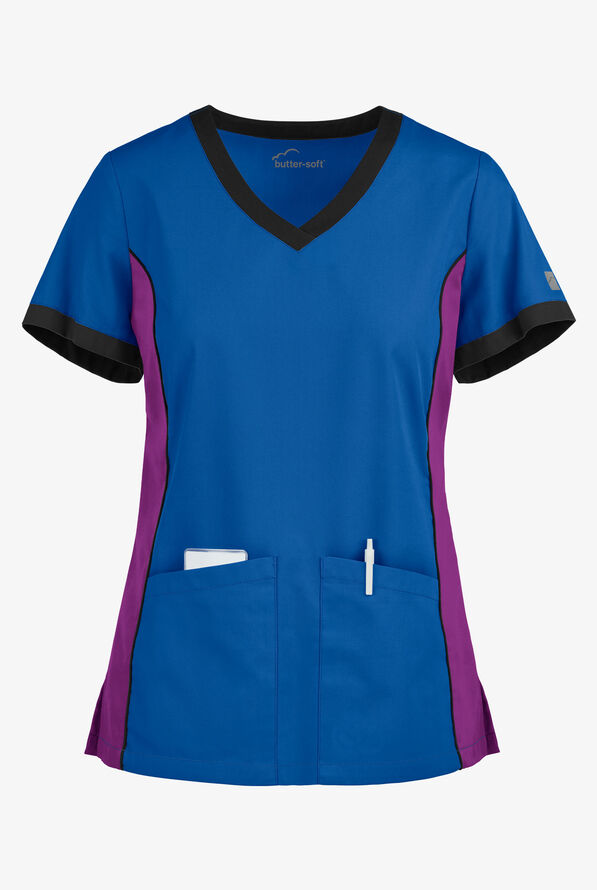 Butter-Soft Core Women's 4-Pocket Color Block V-Neck Scrub Top - Royal/Berry Burst/Black - 1