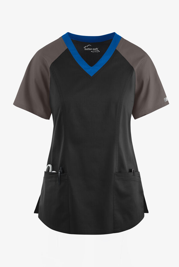 Blusa médica UA Butter-Soft STRETCH Active con bloques de color y 5 bolsillos para mujer - Black/Cool Grey/Royal - 1