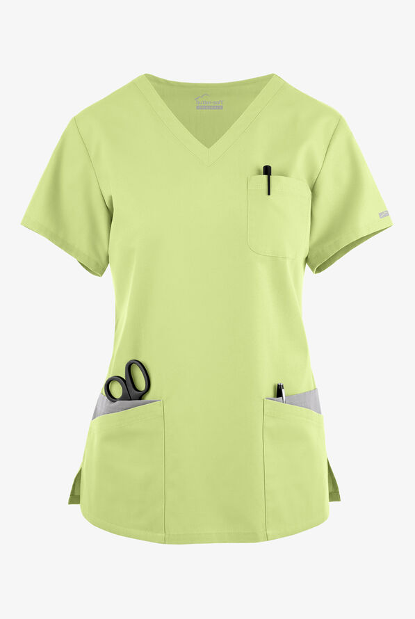 Blusa médica Butter-Soft Originals con cuello en V curvo y 7 bolsillos para mujer - Cool Matcha/Silver Melange - 1