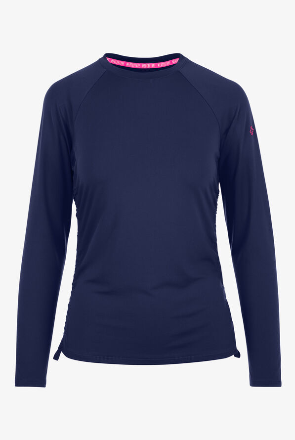 Med Couture Layers Women's STRETCH Ruched Long Sleeve Round Neck Knit Underscrub - Navy - 1