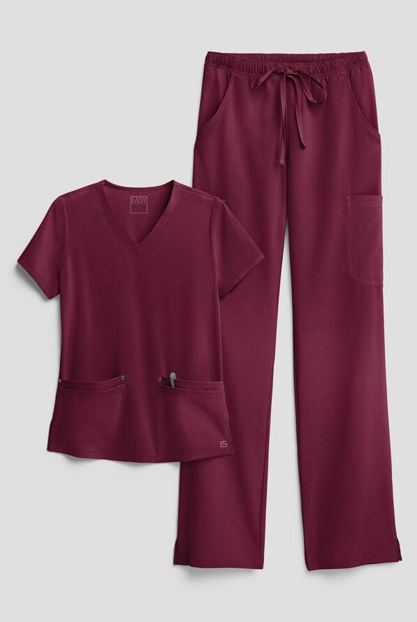 Easy STRETCH Women's 8-Pocket Scrub Set - Petite - Wine - 1