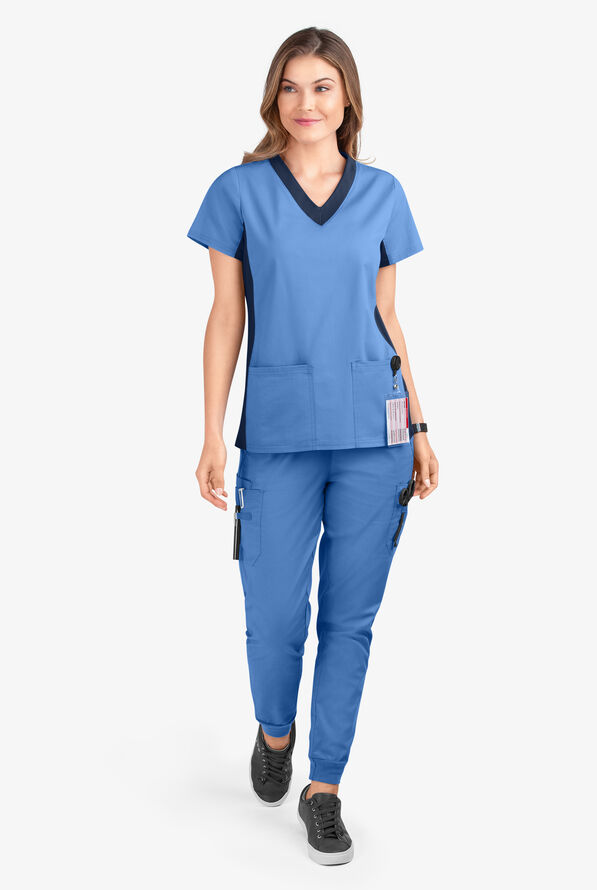Butter-Soft STRETCH Women's 3-Pocket Contrast Scrub Top - Ceil/Navy - 2