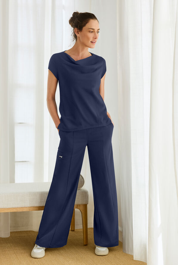 Grey's Anatomy by Barco Spandex STRETCH Marisol Women's 2-Pocket Cap Sleeve Cowl Neck Scrub Top - Indigo - 4