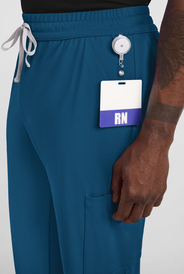 Cherokee Achieve Men's 5-Pocket STRETCH Straight Leg Cargo Knit Scrub Pants - Caribbean Blue - 3