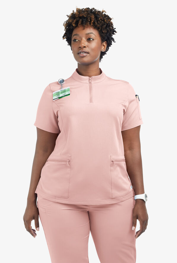 Butter-Soft Women's 5-Pocket Zipper Neck Short Sleeve Scrub Top **Slightly IRREGULAR** - Sweet Pink - 5