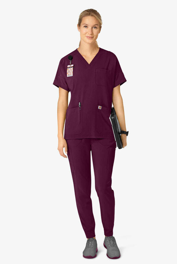 Pantal&oacute;n m&eacute;dico Carhartt Cross-Flex Force STRETCH estilo cargo jogger con pu&ntilde;os de tejido y 8 bolsillos para mujer - Wine - 4