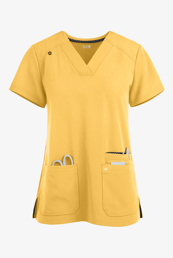 koi Next Gen Hustle and Heart Women's 3-Pocket STRETCH V-Neck Scrub Top - Butter Yellow - 1