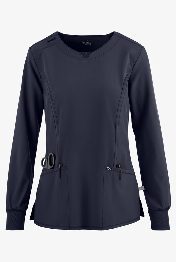 Infinity Women's 3-Pocket STRETCH Round Neck Long Sleeve Scrub Top - Navy - 1