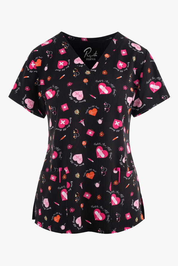 Maevn All Heart Women's 3-Pocket STRETCH V-Neck Print Scrub Top - null - 1
