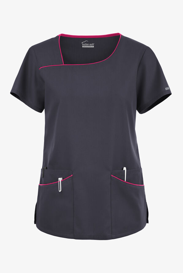 Butter-Soft Originals Women's 4-Pocket Asymmetrical Neck Scrub Top - Pewter/Fuchsia - 1