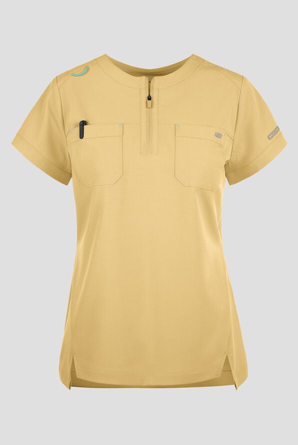 Skechers by Barco Ripstop Trek Women's 2-Pocket STRETCH Rounded Zip Neck Tuck In Scrub Top - Soft Citrine - 1