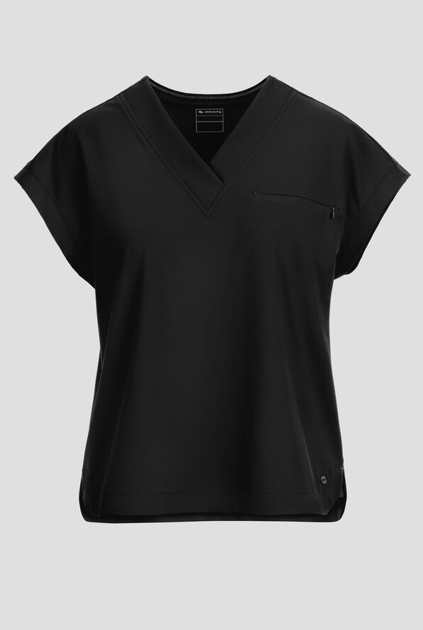 Infinity Pursuit Women's 1-Pocket STRETCH Rib-Knit V-Neck Dolman Sleeve Scrub Top - Black - 1
