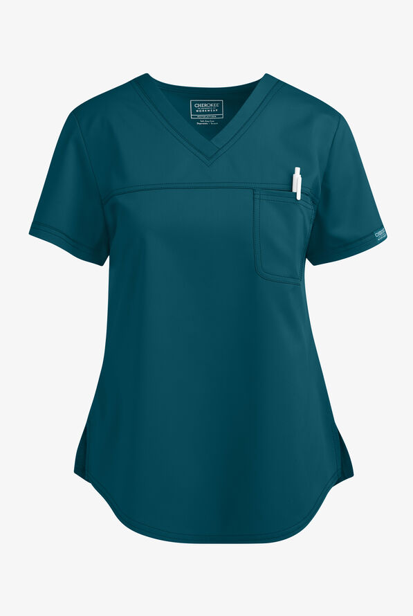 Cherokee Workwear Revolution Women's 1-Pocket STRETCH Tuck In V-Neck Scrub Top - Caribbean Blue - 1