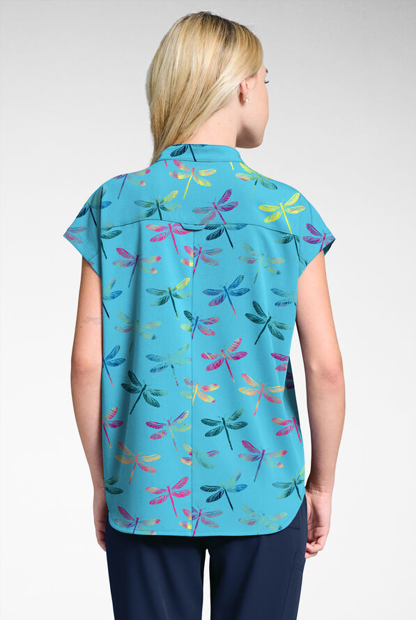 Butter-Soft STRETCH Dragonfly Dance Turquoise Women's Dolman Print Scrub Top - null - 2
