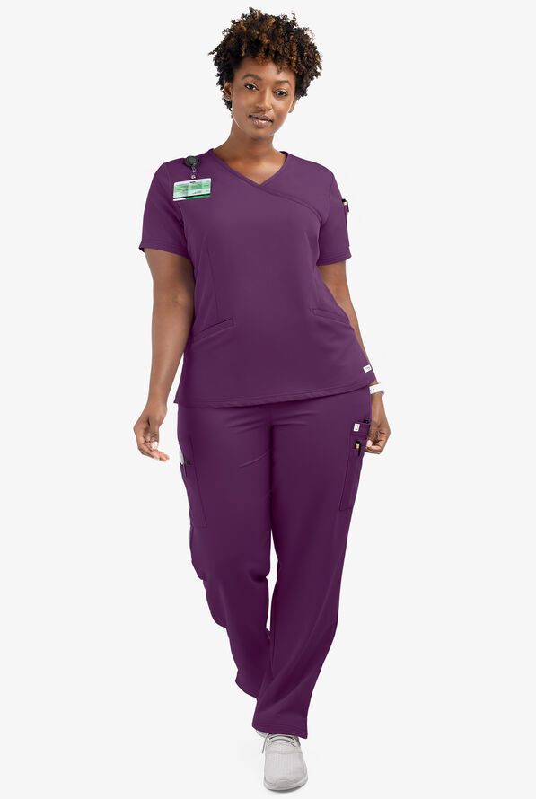Butter-Soft Women's 5-Pockets Faux Wrap Scrub Top **Slightly IRREGULAR** - Eggplant - 5