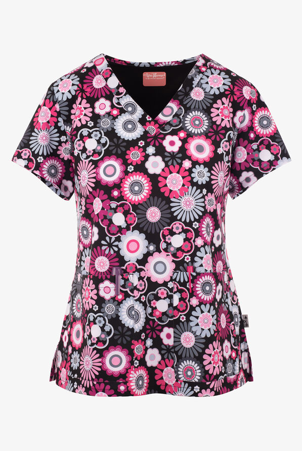 Zavate Ava Therese Pink Energy Floral Women's 2-Pocket STRETCH V-Neck Print Scrub Top - null - 1