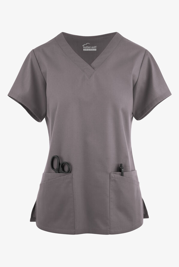 Blusa médica Butter-Soft Originals con cuello en V y 6 bolsillos para mujer - Grey Stone - 1