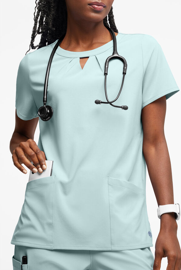 Blusa m&eacute;dica Easy STRETCH Salma con cuello ojo de cerradura y 3 bolsillos para mujer - Ocean Mist - 3