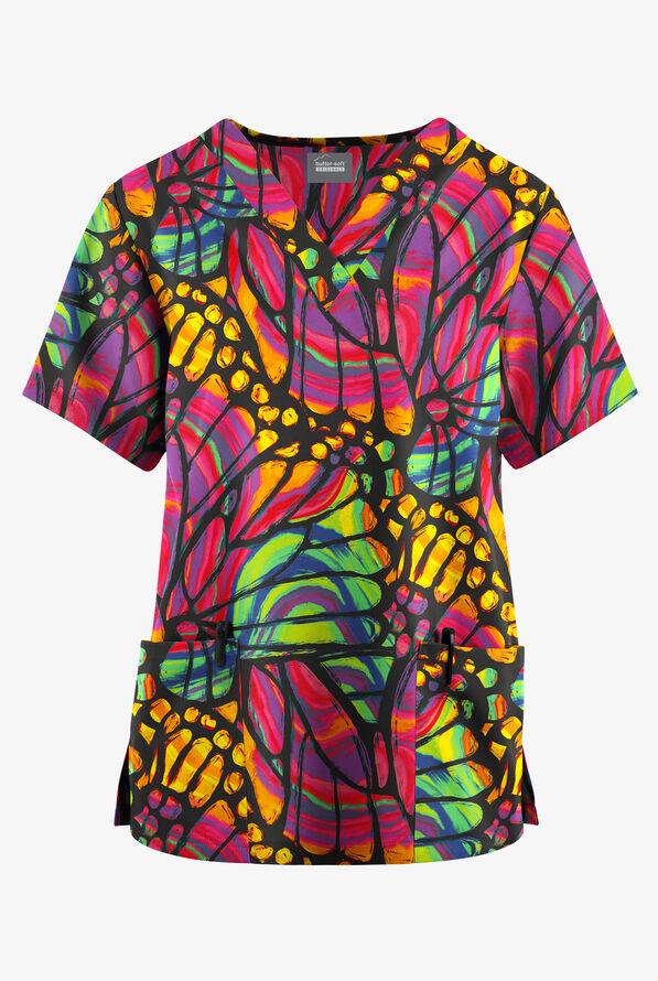 Butter-Soft Originals Kaleidoscope Butterflies Women's 2-Pocket Classic Fit V-Neck Print Scrub Top - null - 1