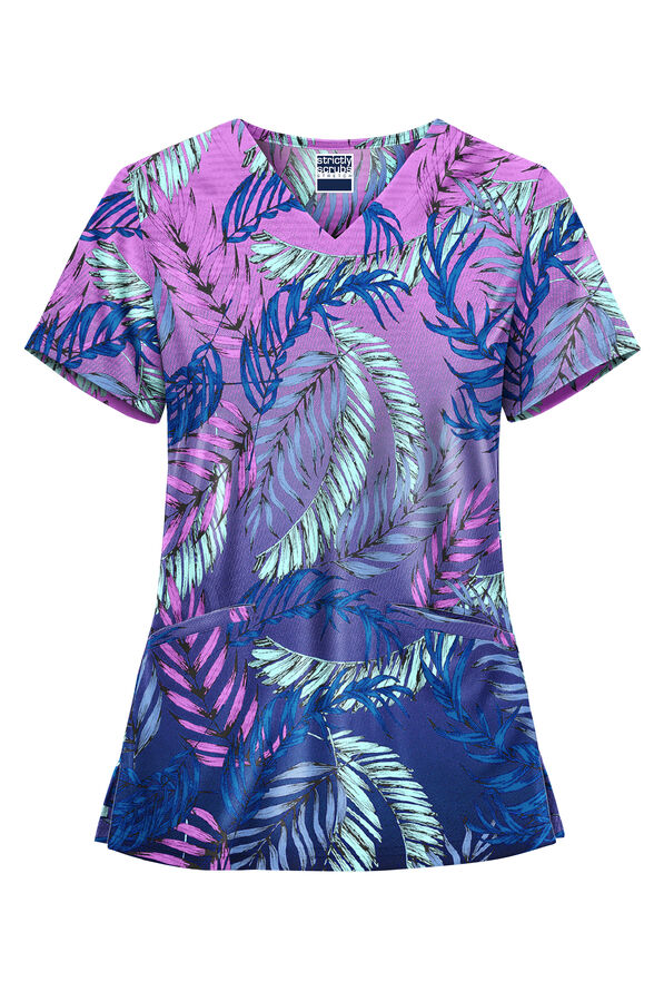 Strictly Scrubs STRETCH Palm Fronds Aqua Moon Women's 2-Pocket V-Neck Print Scrub Top - null - 1