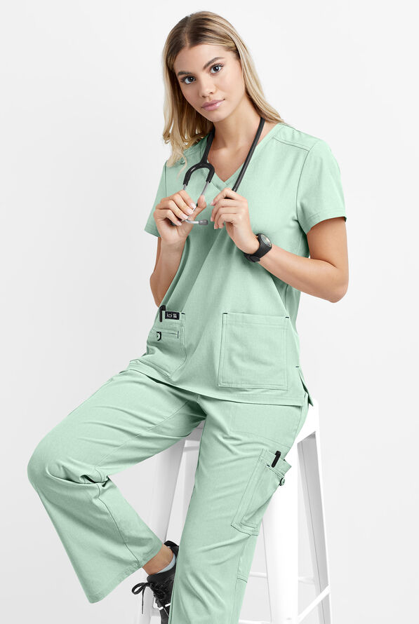 koi Basics Becca Women's 4-Pocket STRETCH V-Neck Scrub Top - Heather Sage - 4