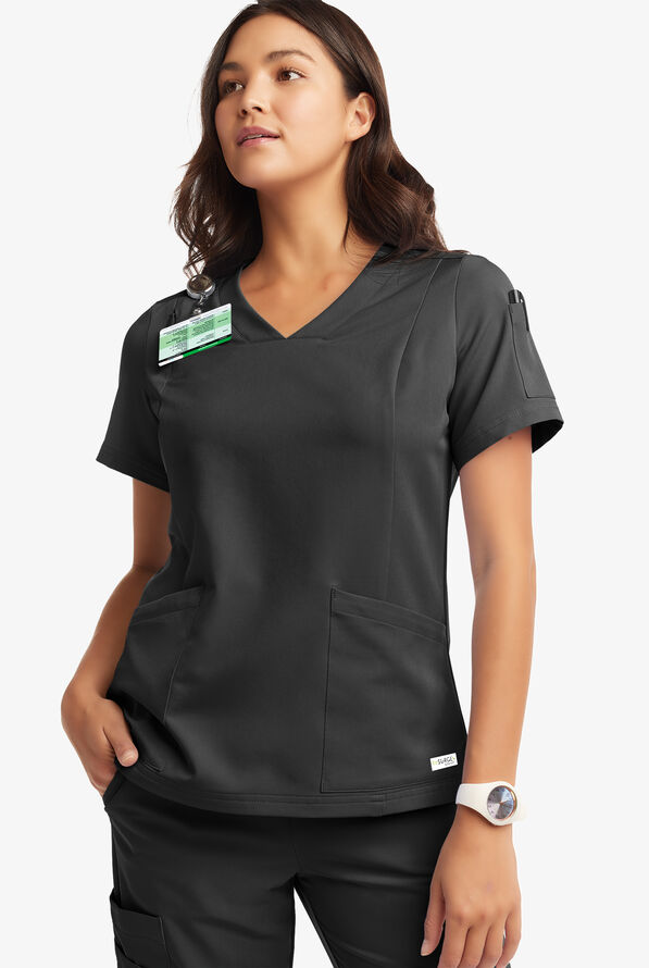 Butter-Soft Women's 6-Pocket V-Neck Scrub Top **Slightly IRREGULAR** - Black - 4