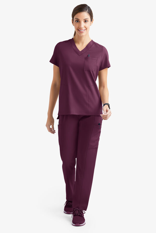 Easy STRETCH Taylor Women's 3-Pocket High Low Hem V-Neck Scrub Top - Dark Mulberry - 2