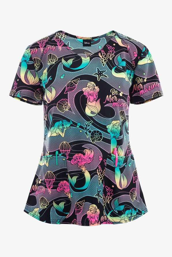 Tooniforms Disney's Mer-mazing Ariel Little Mermaid Women's 2-Pocket STRETCH V-Neck  Print Scrub Top - null - 1