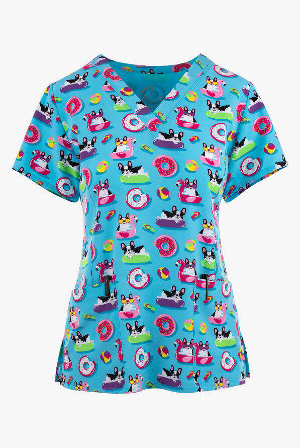 Maevn Frenchie Riviera Summer Dogs Women's 3-Pocket STRETCH V-Neck Print Scrub Top - null - 1
