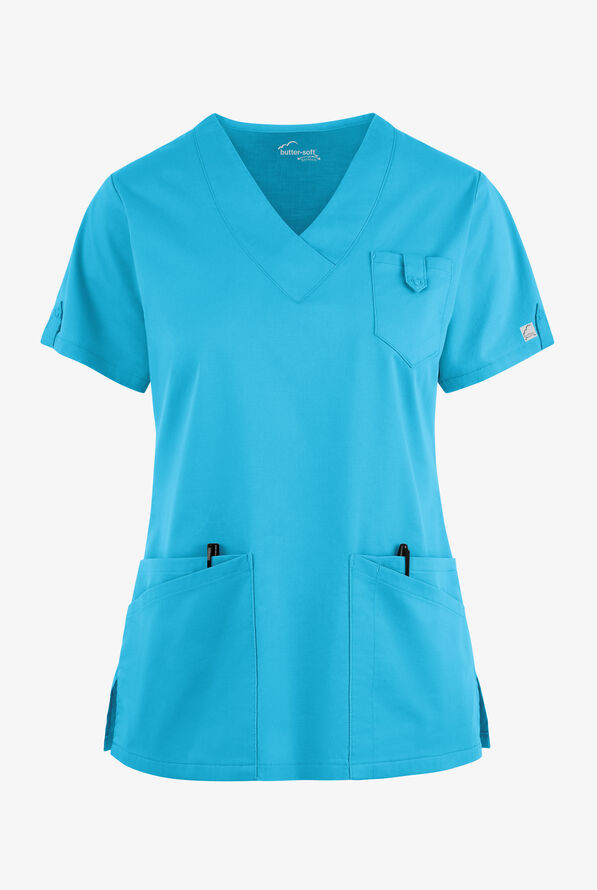 Butter-Soft STRETCH Women's 6-Pocket V-Neck Scrub Top - Turquoise - 1