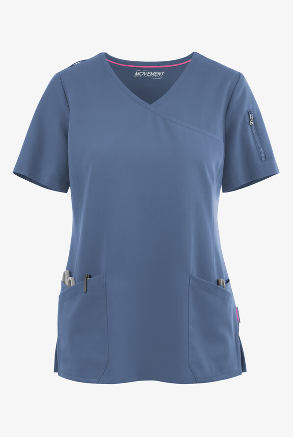Blusa médica MOVEMENT by Butter-Soft Capella estilo cruzado con 5 bolsillos para mujer - Blue Horizon - 1