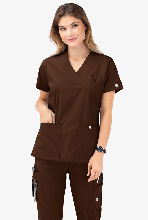 Butter-Soft STRETCH Women's 6-Pocket V-Neck Scrub Top - Coffee Bean - 8