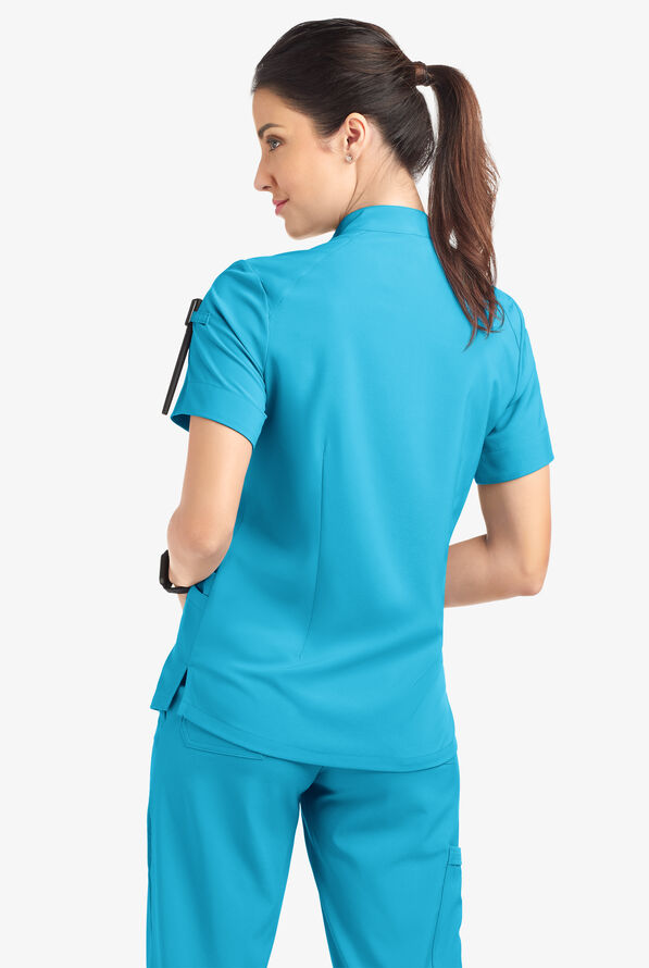 Easy STRETCH Jen Women's 4-Pocket Zip-Neck Short Sleeve Scrub Top - Turquoise - 4
