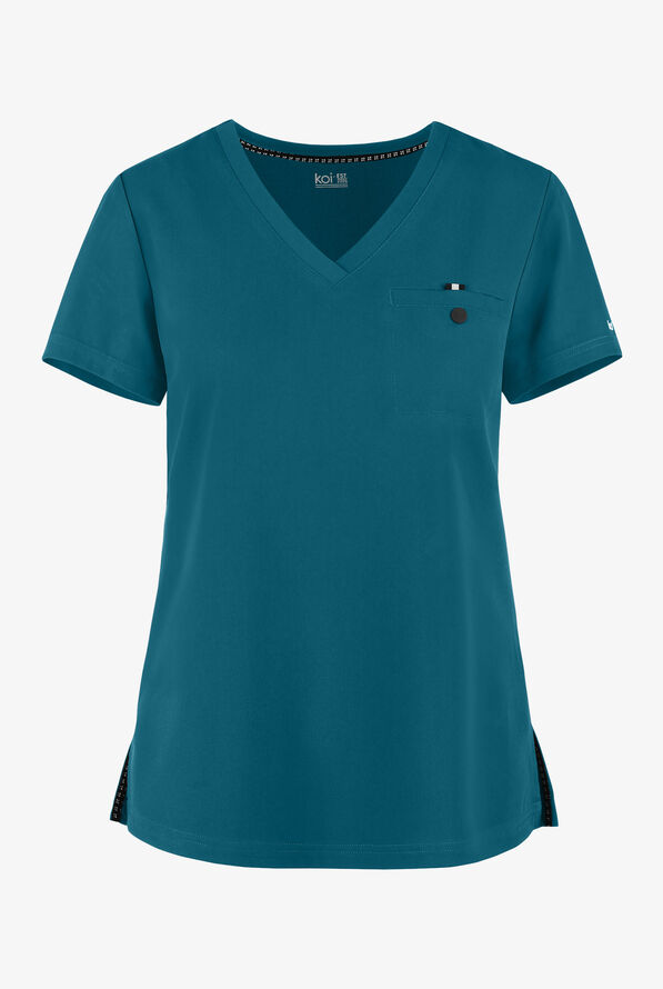 koi Next Gen Ready to Work Women's 1-Pocket STRETCH V-Neck Scrub Top - Caribbean Blue - 1