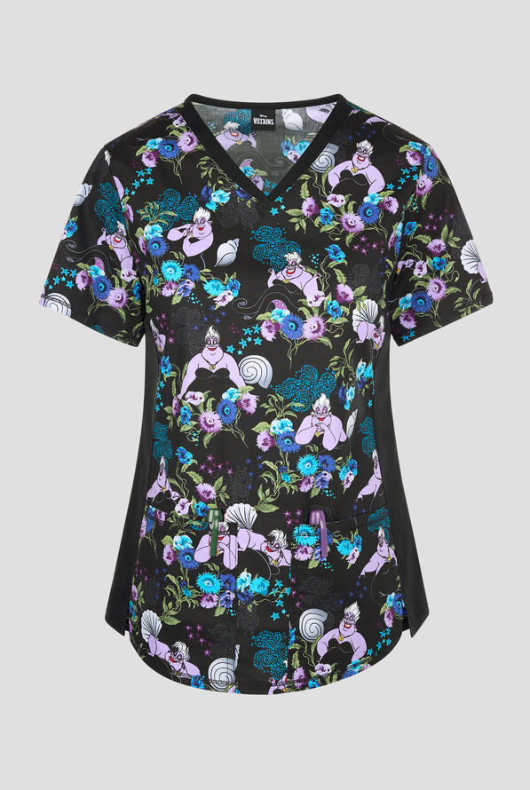Tooniforms Disney's Little Mermaid Ursula Energy Women's 2-Pocket STRETCH V-Neck Print Scrub Top - null - 1
