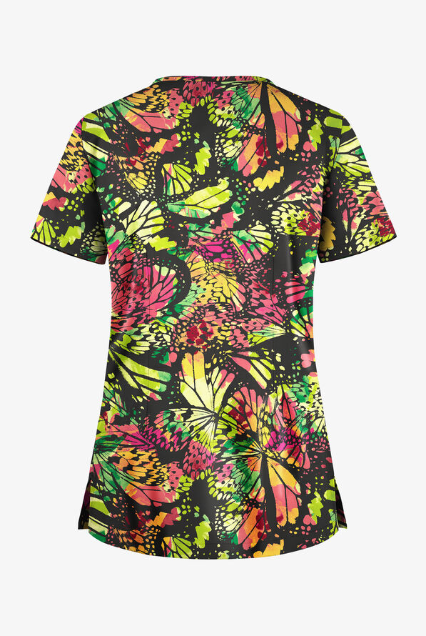Butter-Soft STRETCH Black Abstract Butterflies Women's 1-Pocket V-Neck Print Scrub Top - null - 2