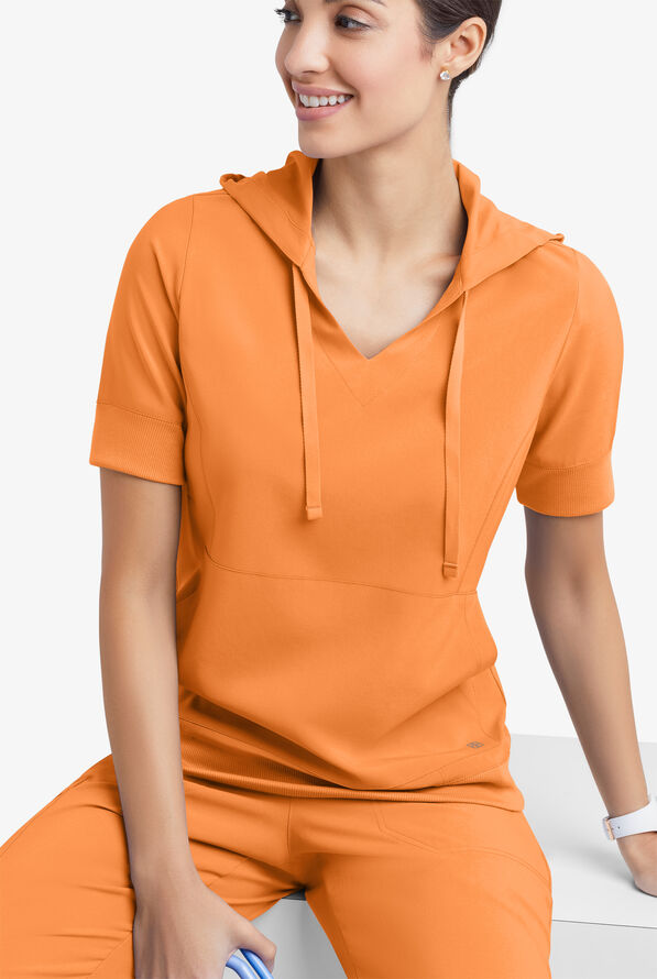 Easy STRETCH True Women's 3-Pocket Short Sleeve Pull-Over Scrub Hoodie - Apricot Crush - 1