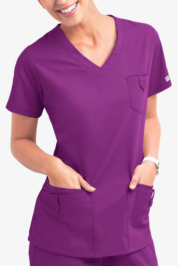 Butter-Soft Core Women's 5-Pocket Rounded V-Neck Scrub Top - Berry Burst - 2