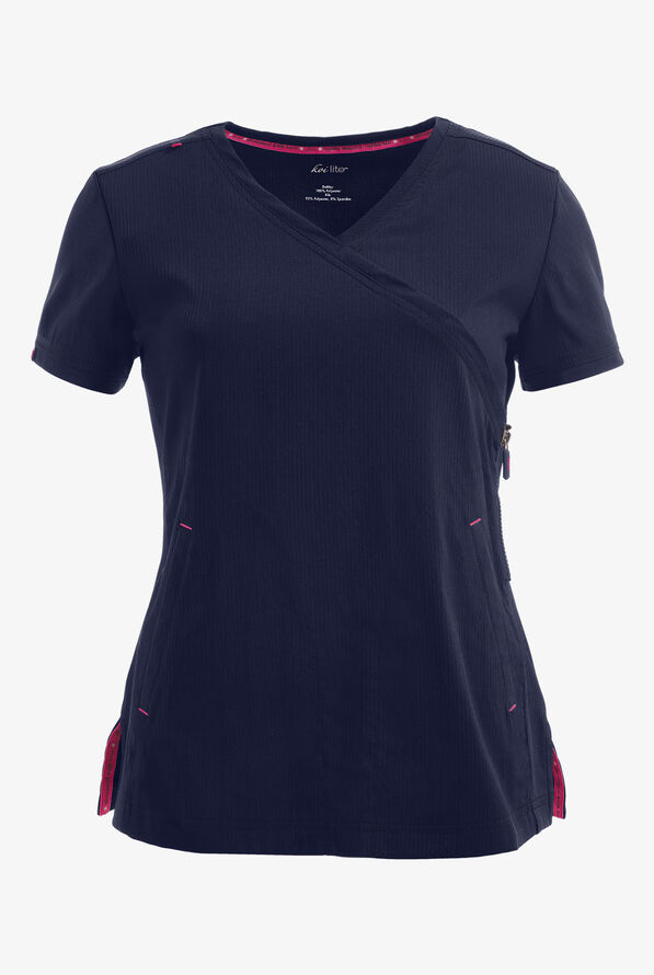 koi Lite™ Philosophy Women's 3-Pocket Mock Wrap Side Zipper Scrub Top - Navy - 1