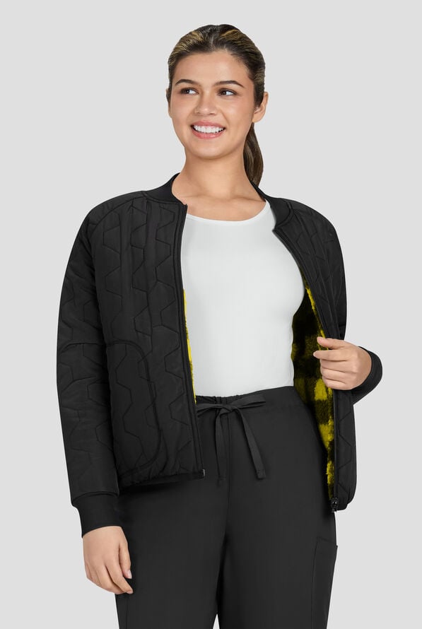 koi Smiley World Two Cool Women's 2-Pocket Reversible Scrub Jacket - Black/Yellow - 3