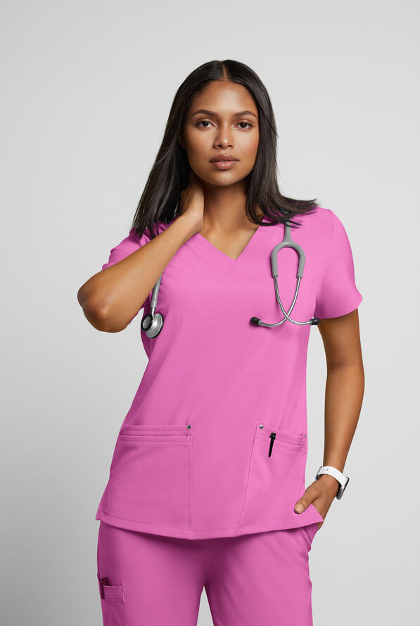 Easy STRETCH Lina Mitered Women's 4-Pocket V-Neck Scrub Top - Magnesium Pink - 2
