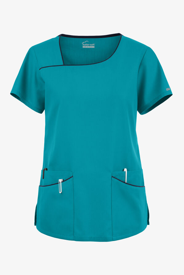 Butter-Soft Originals Women's 4-Pocket Asymmetrical Neck Scrub Top - Teal/Navy - 1
