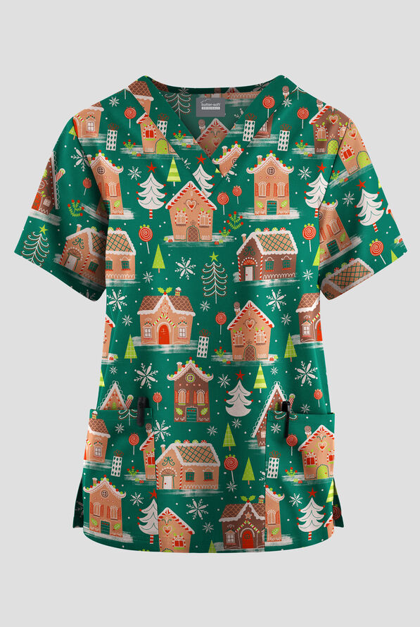 Blusa médica estampada Butter-soft Originals Gingerbread Haven Hunter con cuello en V y 2 bolsillos para mujer - null - 1