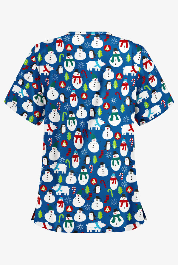 Butter-Soft North Pole Party Royal Women's 2-Pocket Relaxed Fit V-Neck Print Scrub Top - null - 2