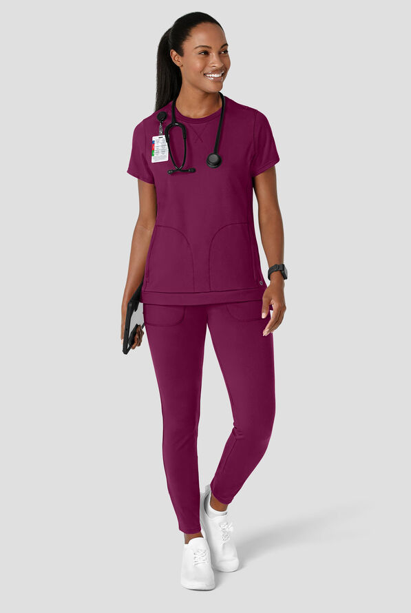 Wink Renew Knit Women's 2-Pocket STRETCH Rib-Knit Crew Neck Scrub Top - Wine - 2