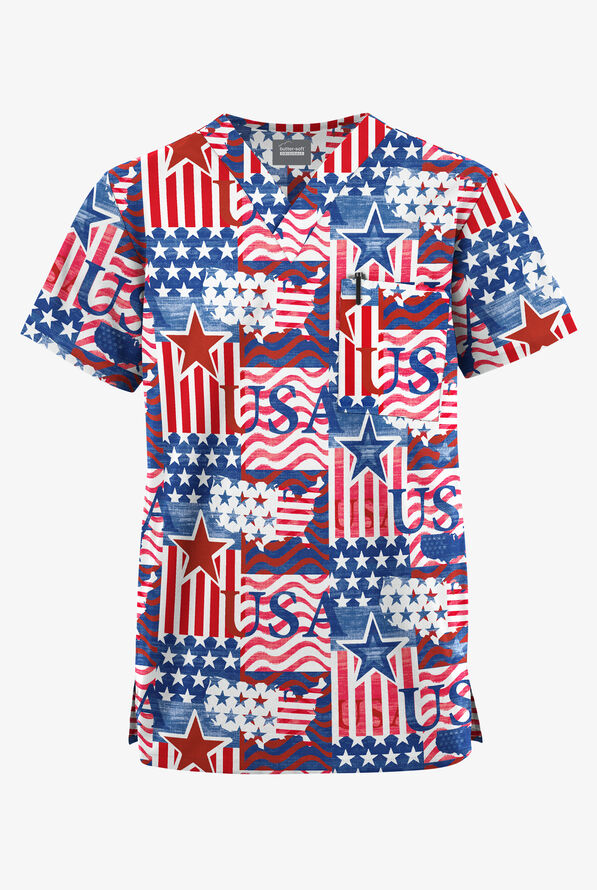 Butter-Soft Originals Happy Fourth Navy Unisex 2-Pocket V-Neck Print Scrub Top - null - 1