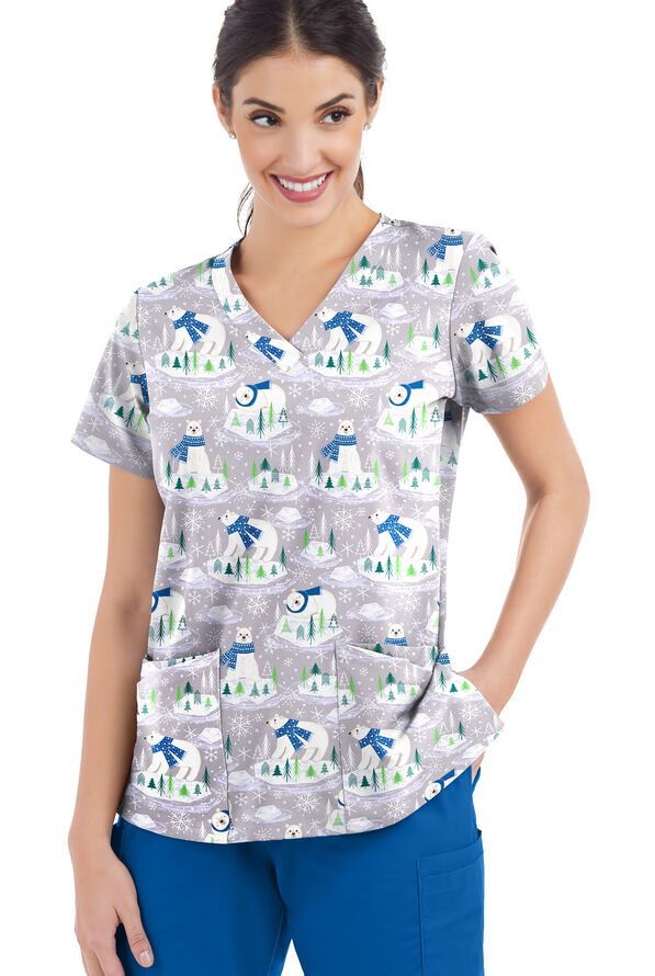 Strictly Scrubs STRETCH Polar Holiday Silver Women's 4-Pocket Rounded V-Neck Print Scrub Top - null - 1