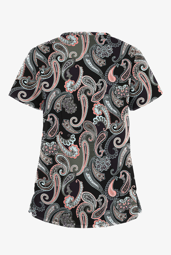 Tafford Active STRETCH Kashmir Paisley Women's 4-Pocket Lace Up V-Neck Print Scrub Top - null - 2